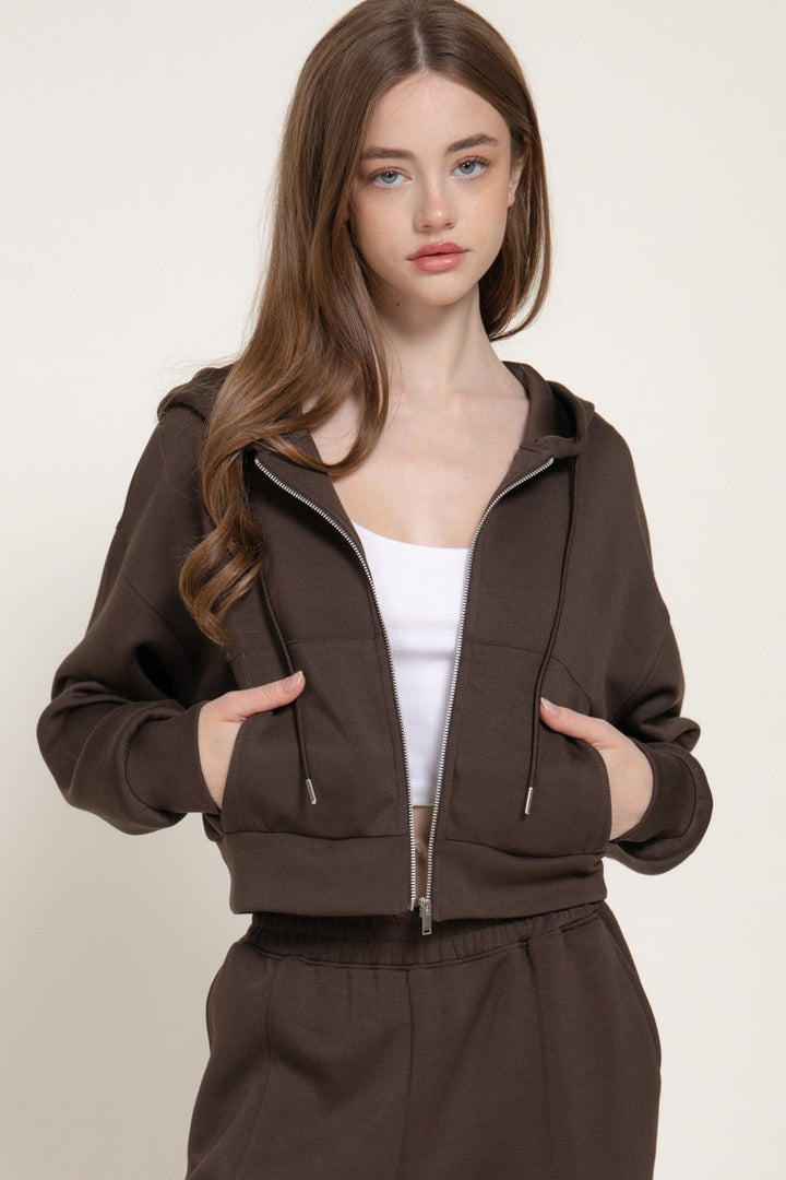 Dark brown zip hoodie jacket with kangaroo pocket, front view