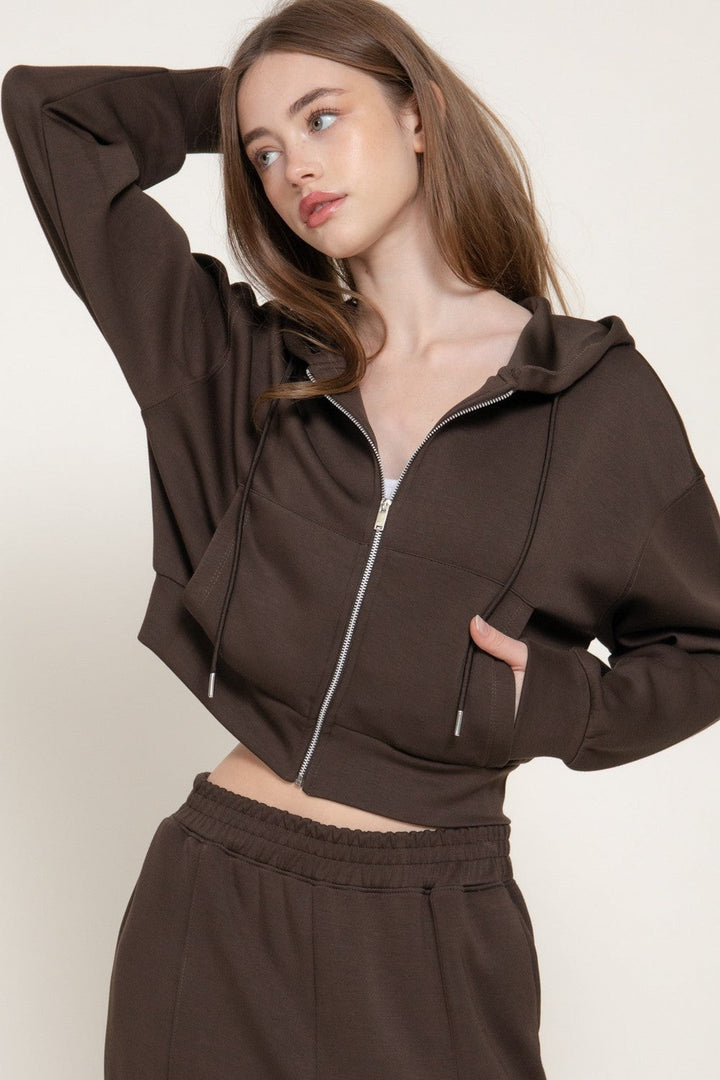 Dark Brown Long Sleeve Soft Scuba Hoodie Jacket - STYLED BY ALX COUTURETops