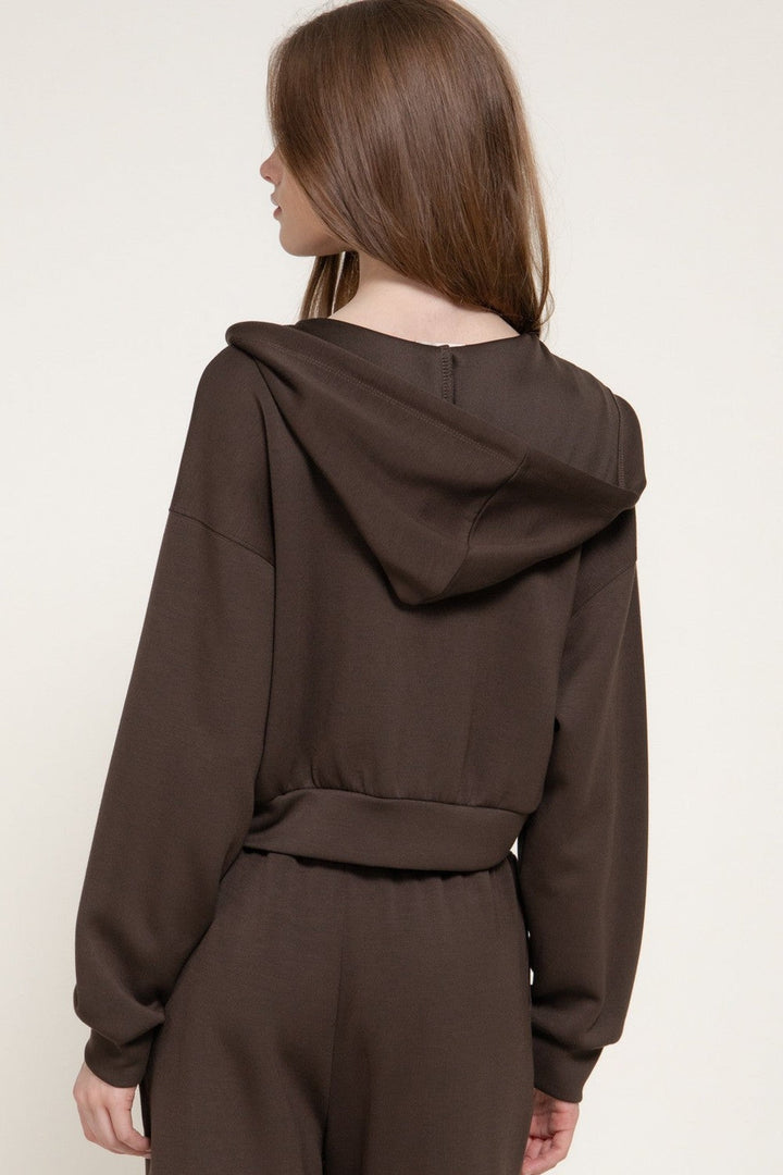 Dark Brown Long Sleeve Soft Scuba Hoodie Jacket - STYLED BY ALX COUTURETops