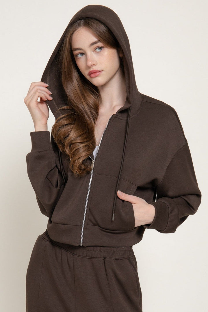 Dark Brown Long Sleeve Soft Scuba Hoodie Jacket - STYLED BY ALX COUTURETops