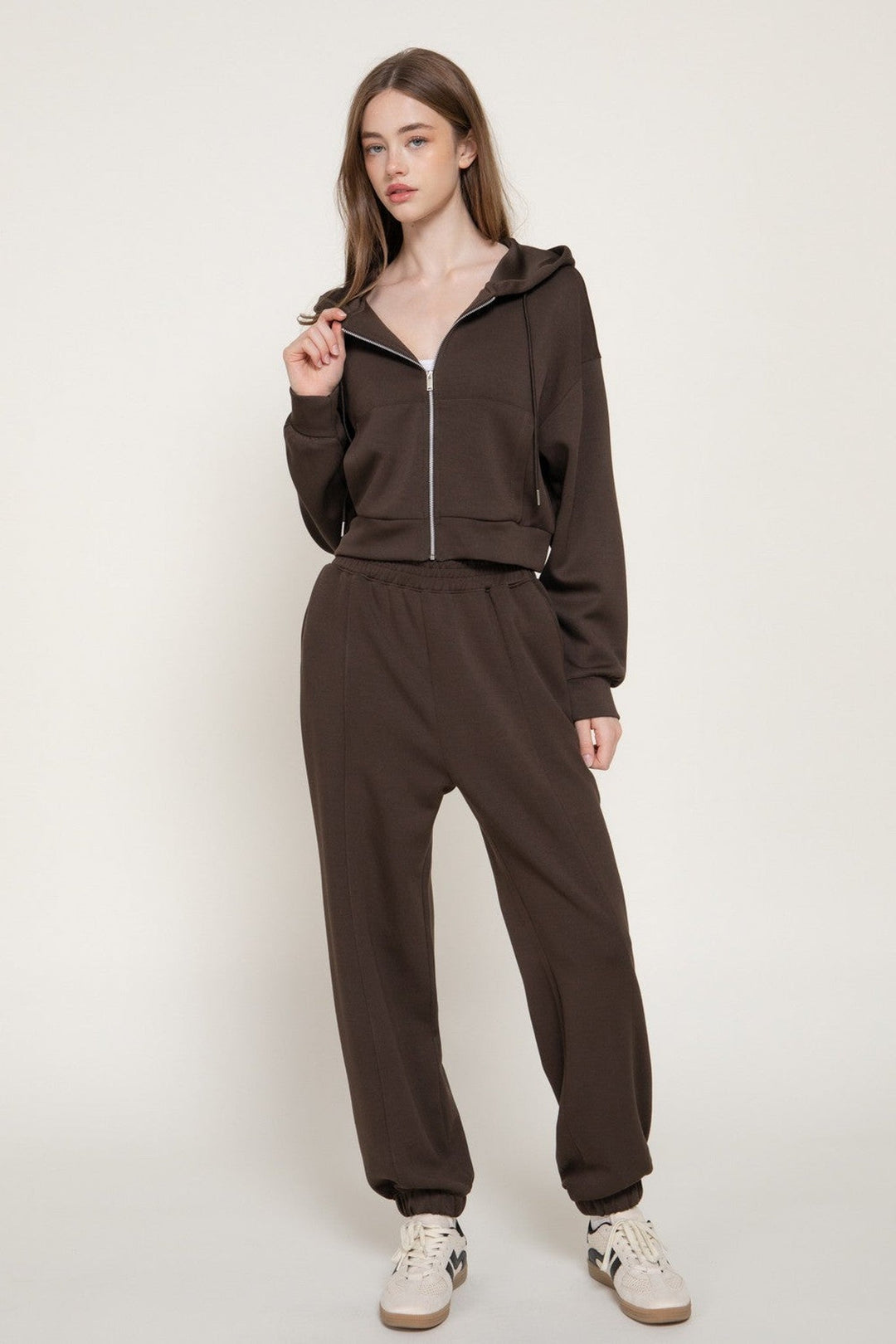 Dark Brown Long Sleeve Soft Scuba Hoodie Jacket - STYLED BY ALX COUTURETops