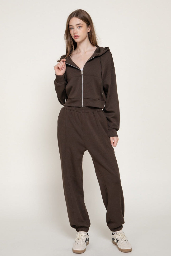 Dark Brown Long Sleeve Soft Scuba Hoodie Jacket - STYLED BY ALX COUTURETops