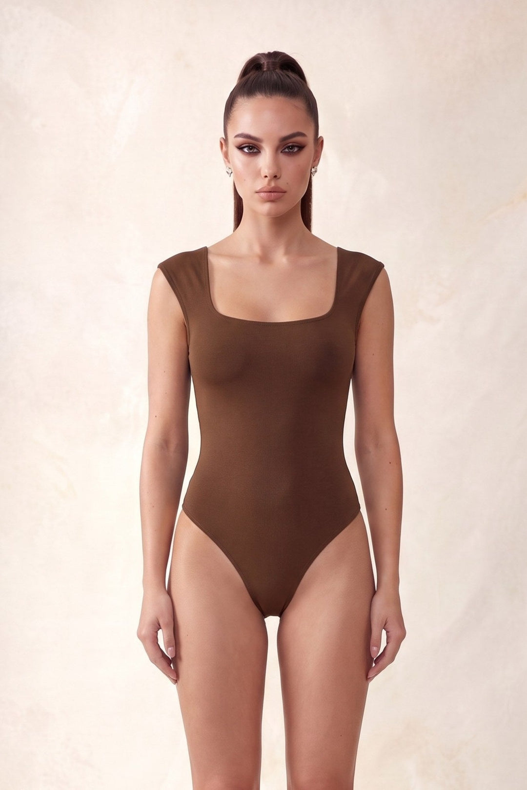 Dark Brown Square Neck Sleeveless Bodysuit - STYLED BY ALX COUTUREBodysuits