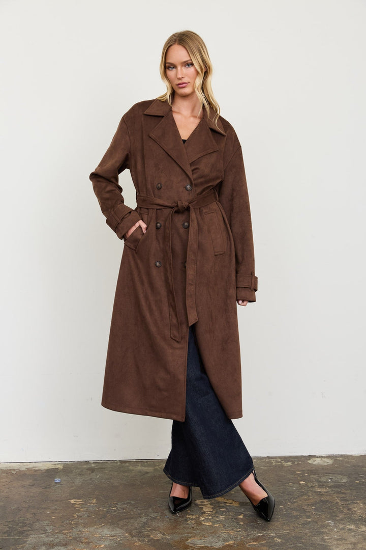 Dark Brown Suede Trench Coat - STYLED BY ALX COUTUREJackets &amp; Coats