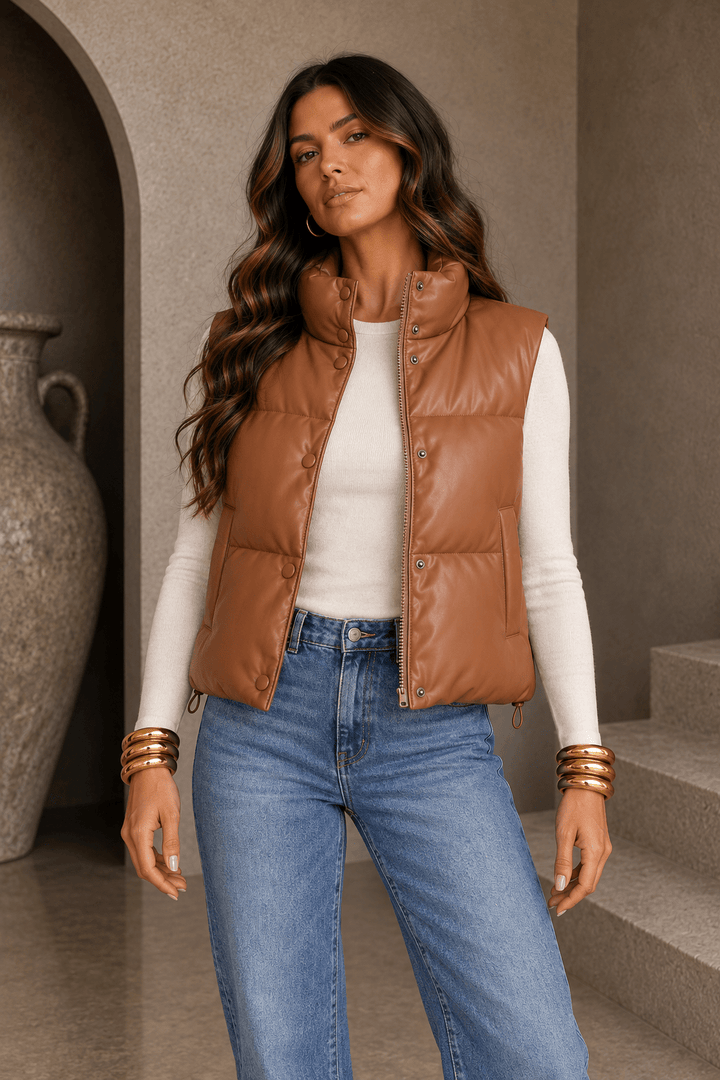 Dark Caramel PU Leather Padded Vest - STYLED BY ALX COUTURECoats &amp; Jackets