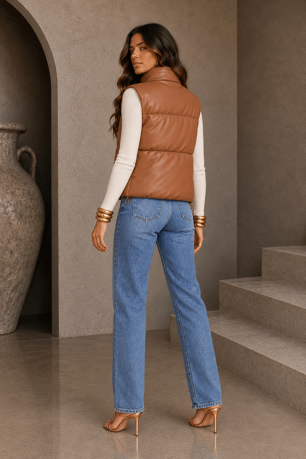 Dark Caramel PU Leather Padded Vest - STYLED BY ALX COUTURECoats &amp; Jackets