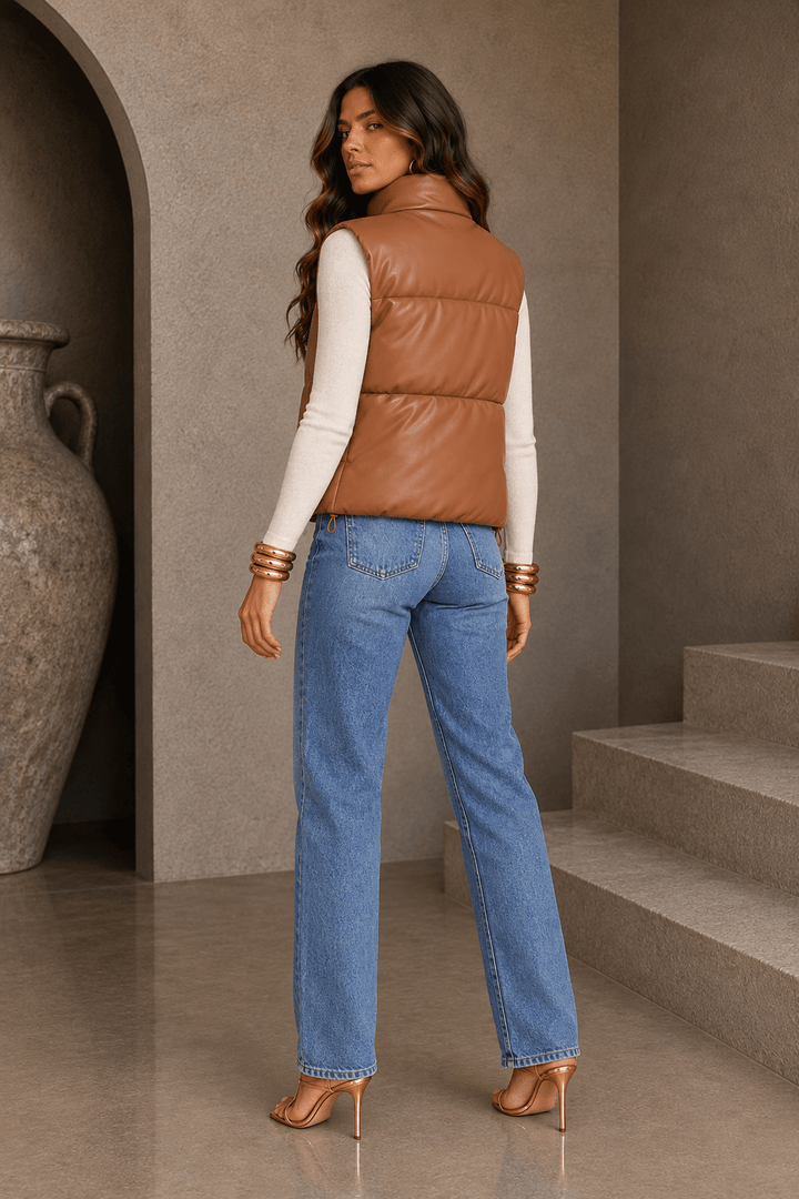 Dark Caramel PU Leather Padded Vest - STYLED BY ALX COUTURECoats &amp; Jackets