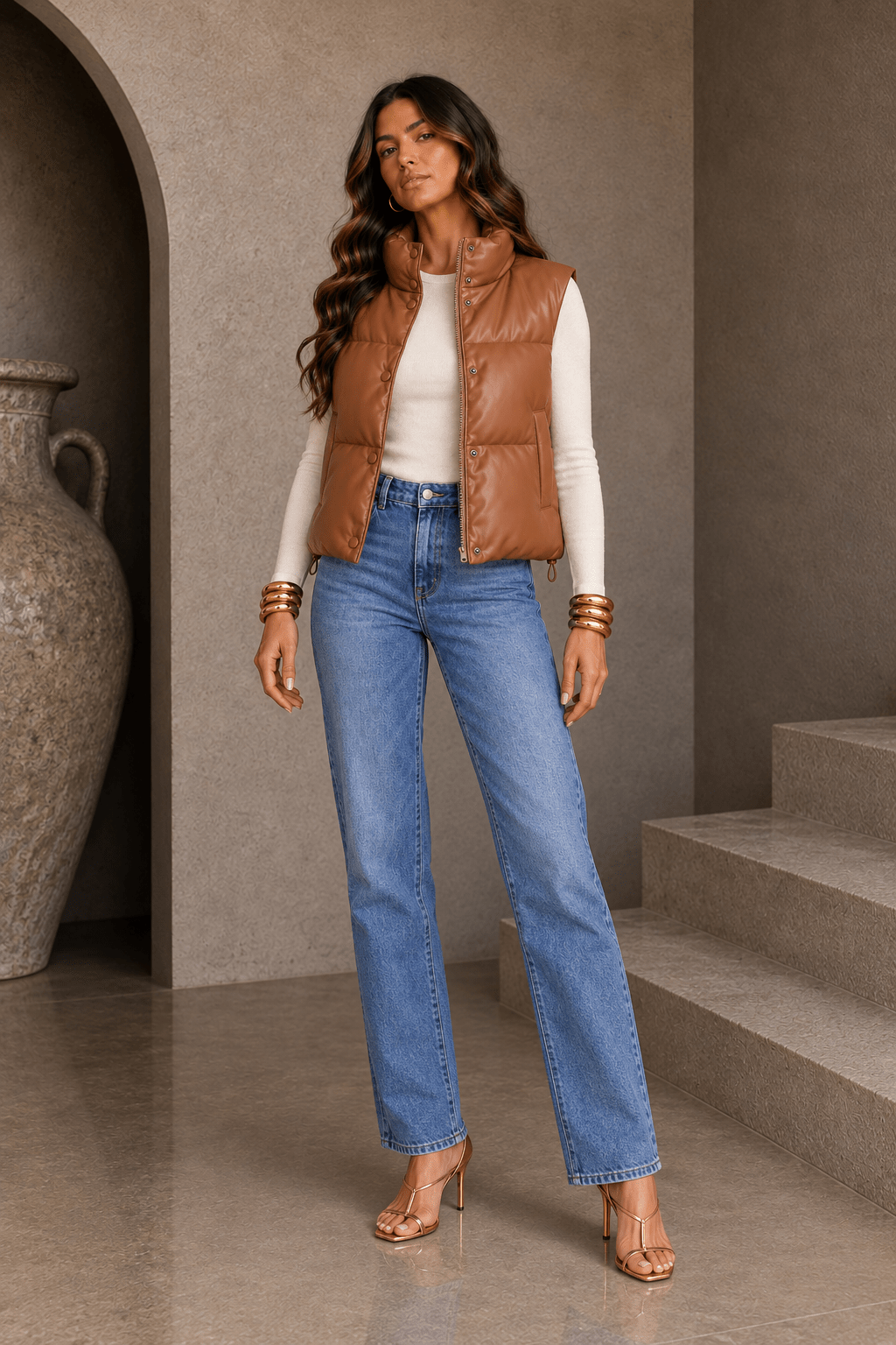 Dark Caramel PU Leather Padded Vest - STYLED BY ALX COUTURECoats &amp; Jackets