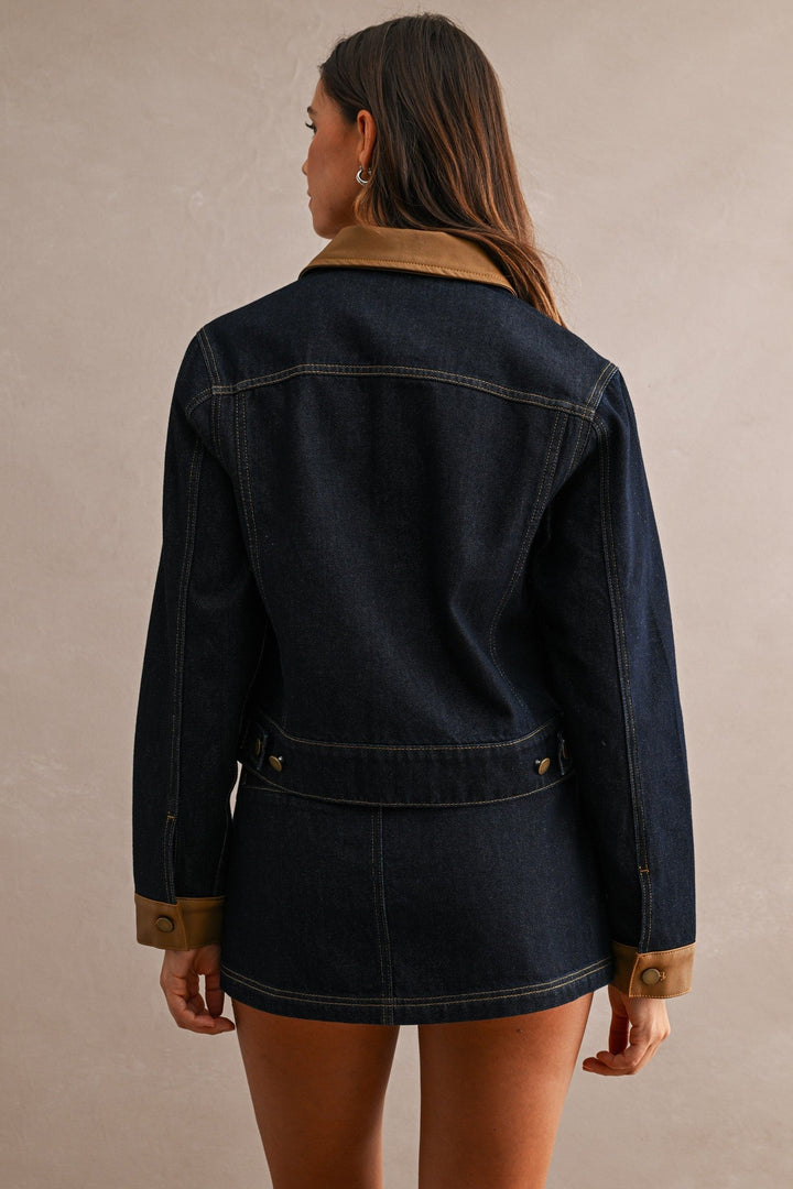 Dark Denim Contrast Collar Jacket and Skort Set - STYLED BY ALX COUTUREOutfit Sets