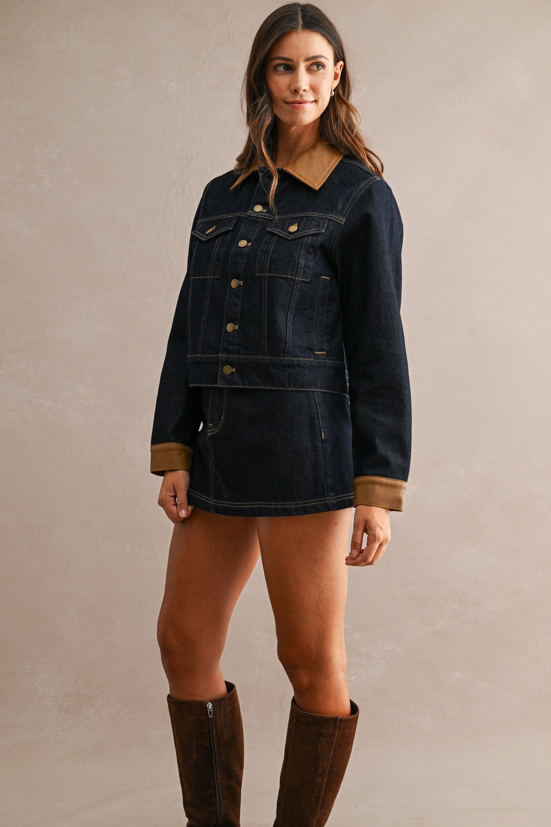 Dark Denim Contrast Collar Jacket and Skort Set - STYLED BY ALX COUTUREOutfit Sets