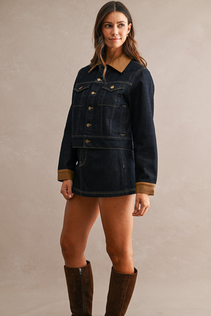 Dark Denim Contrast Collar Jacket and Skort Set - STYLED BY ALX COUTUREOutfit Sets
