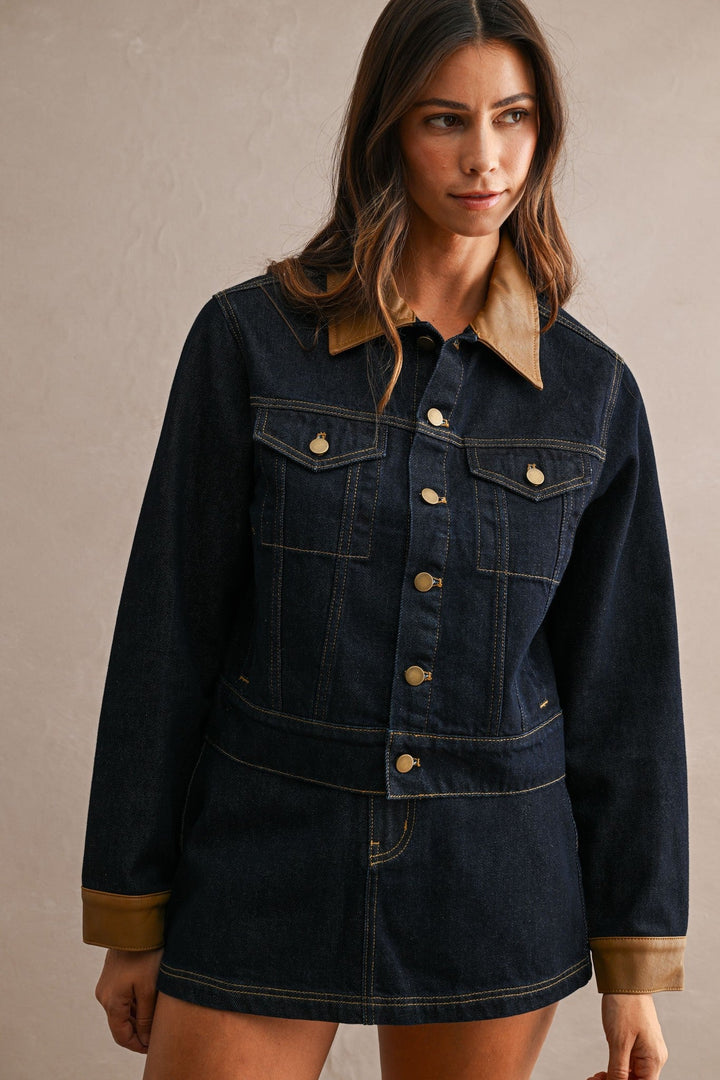 Dark Denim Contrast Collar Jacket and Skort Set - STYLED BY ALX COUTUREOutfit Sets