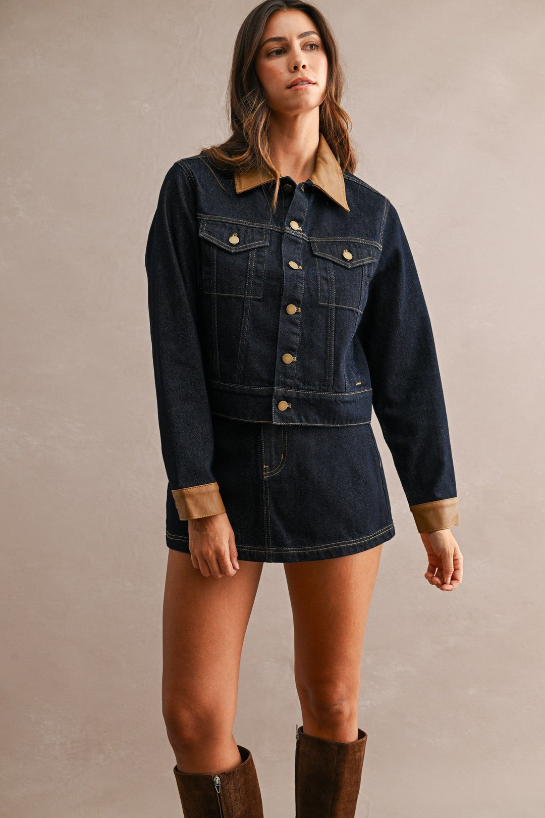 Dark Denim Contrast Collar Jacket and Skort Set - STYLED BY ALX COUTUREOutfit Sets