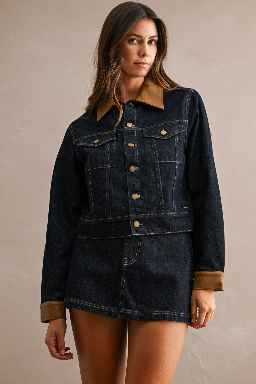 Dark Denim Contrast Collar Jacket and Skort Set - STYLED BY ALX COUTUREOutfit Sets