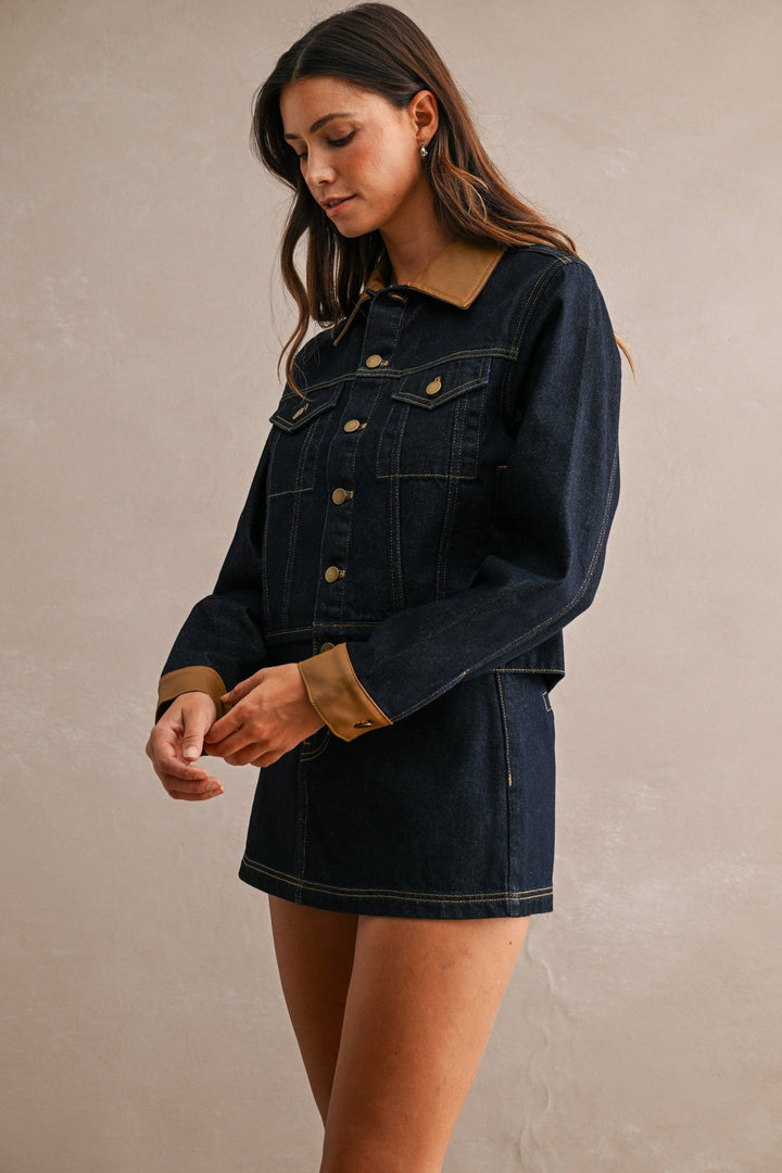 Dark Denim Contrast Collar Jacket and Skort Set - STYLED BY ALX COUTUREOutfit Sets