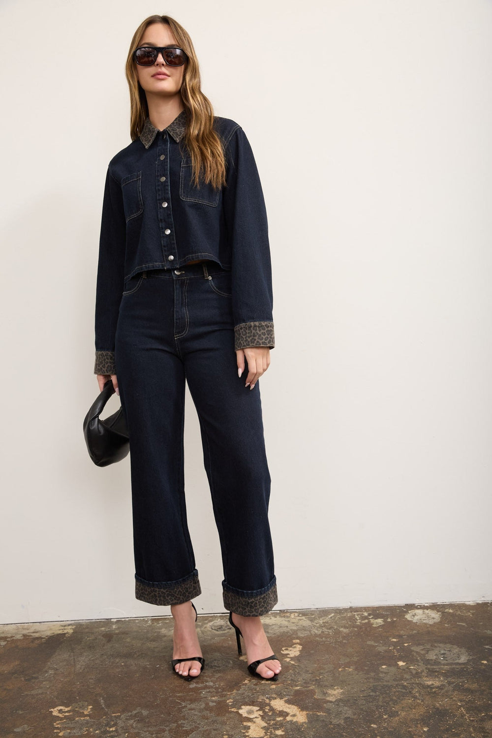 Dark Denim Leopard Cuff Wide Leg Cropped Jeans - STYLED BY ALX COUTUREJeans