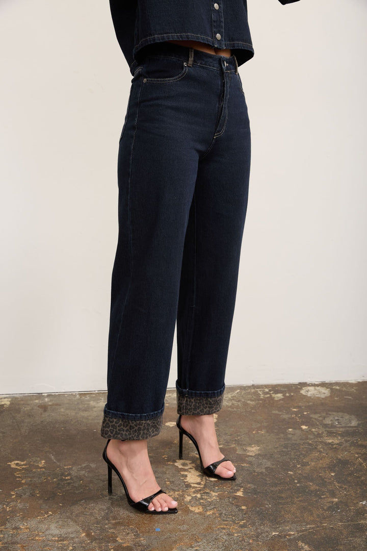 Dark Denim Leopard Cuff Wide Leg Cropped Jeans - STYLED BY ALX COUTUREJeans