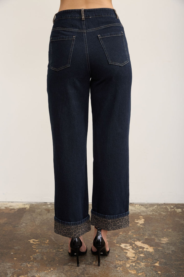 Dark Denim Leopard Cuff Wide Leg Cropped Jeans - STYLED BY ALX COUTUREJeans