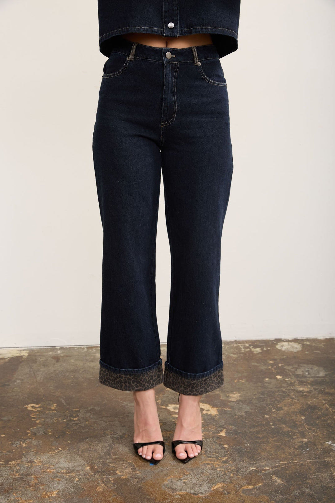 Dark Denim Leopard Cuff Wide Leg Cropped Jeans - STYLED BY ALX COUTUREJeans