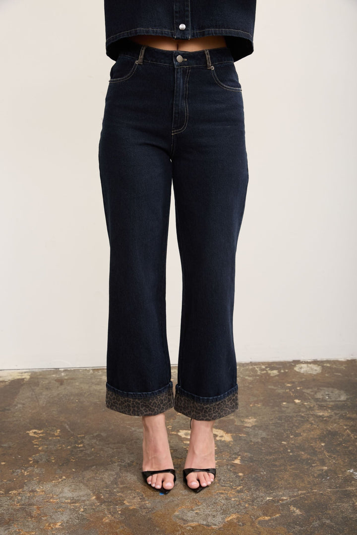 Dark Denim Leopard Cuff Wide Leg Cropped Jeans - STYLED BY ALX COUTUREJeans