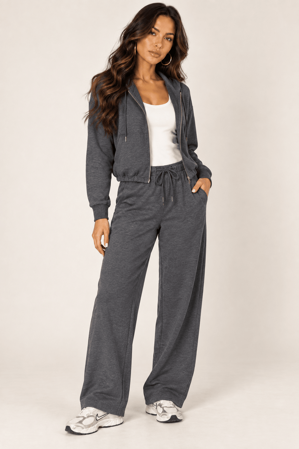 Dark Heather Grey Wide Leg Drawstring Sweatpants - STYLED BY ALX COUTUREPants
