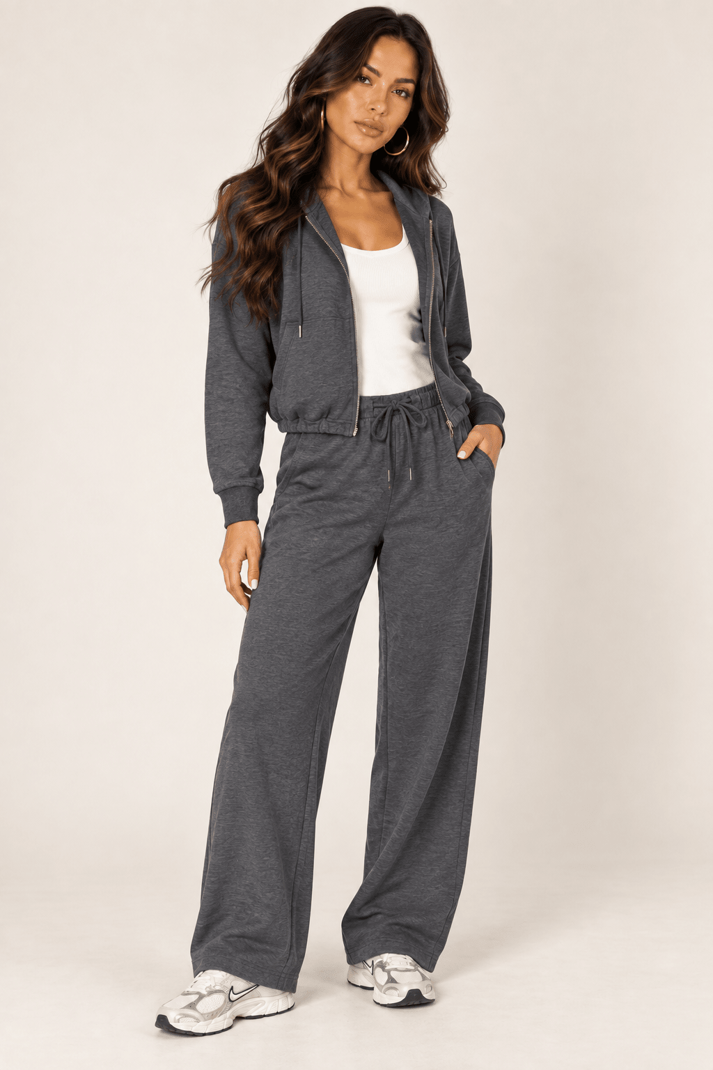 Dark Heather Grey Wide Leg Drawstring Sweatpants - STYLED BY ALX COUTUREPants