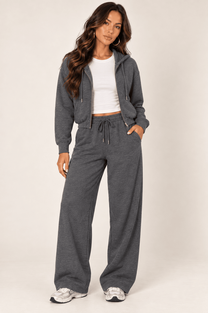 Dark Heather Grey Wide Leg Drawstring Sweatpants - STYLED BY ALX COUTUREPants