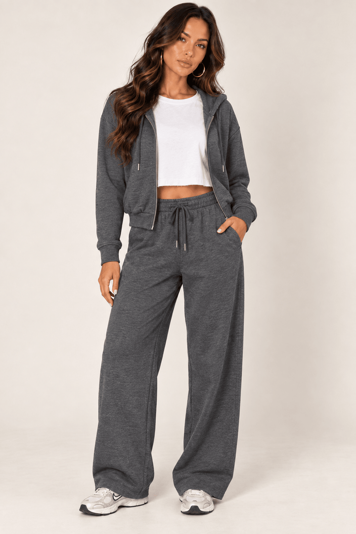 Dark Heather Grey Wide Leg Drawstring Sweatpants - STYLED BY ALX COUTUREPants