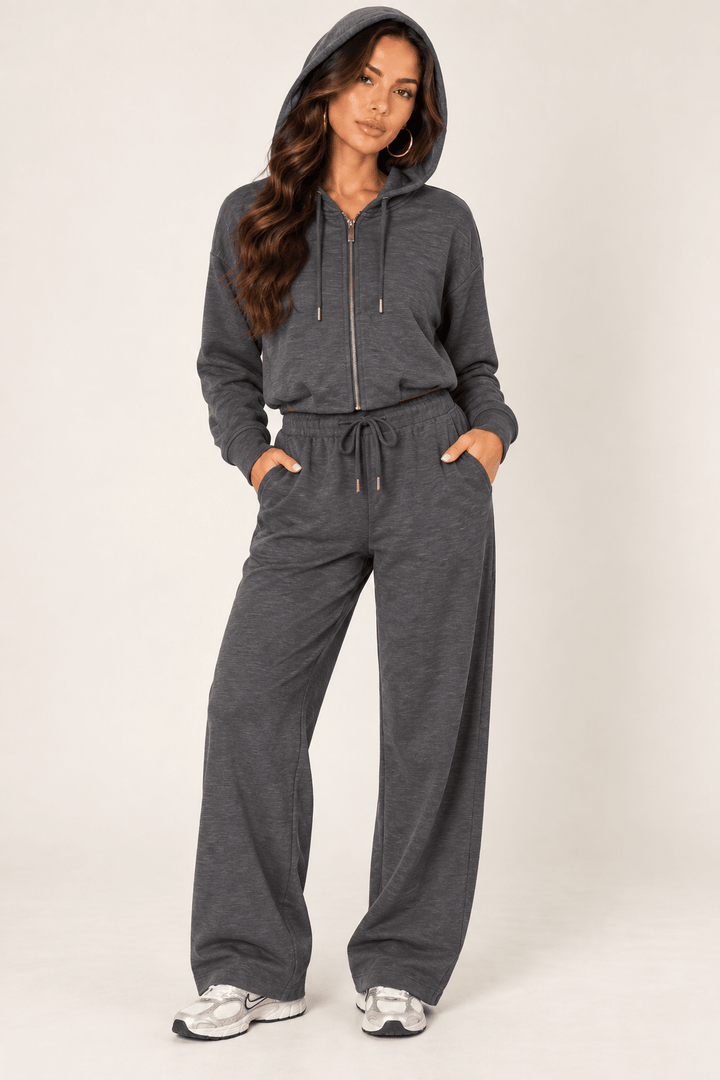 Dark Heather Grey Wide Leg Drawstring Sweatpants - STYLED BY ALX COUTUREPants
