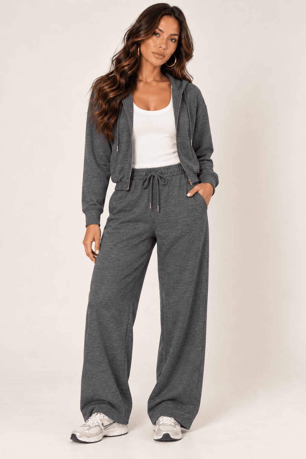 Dark Heather Grey Wide Leg Drawstring Sweatpants - STYLED BY ALX COUTUREPants
