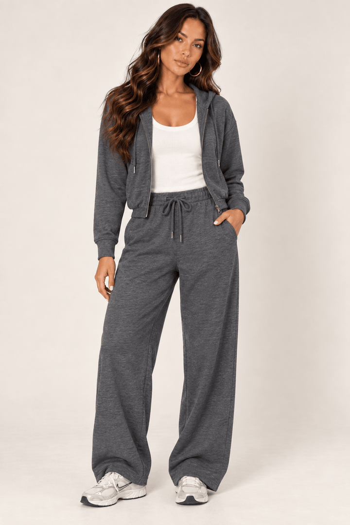 Dark Heather Grey Wide Leg Drawstring Sweatpants - STYLED BY ALX COUTUREPants