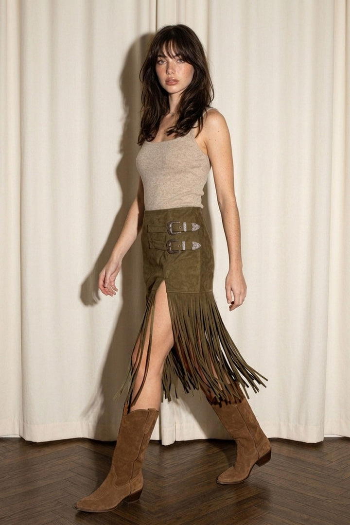 Dark olive faux suede fringe skirt, seated