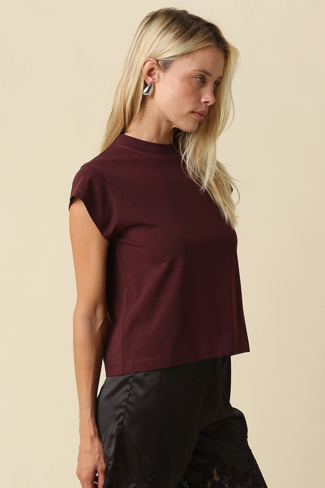 Dark Wine Valerie Mock Neck Cap Sleeve Crop Tee - STYLED BY ALX COUTURETops