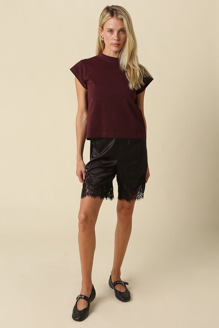 Dark Wine Valerie Mock Neck Cap Sleeve Crop Tee - STYLED BY ALX COUTURETops