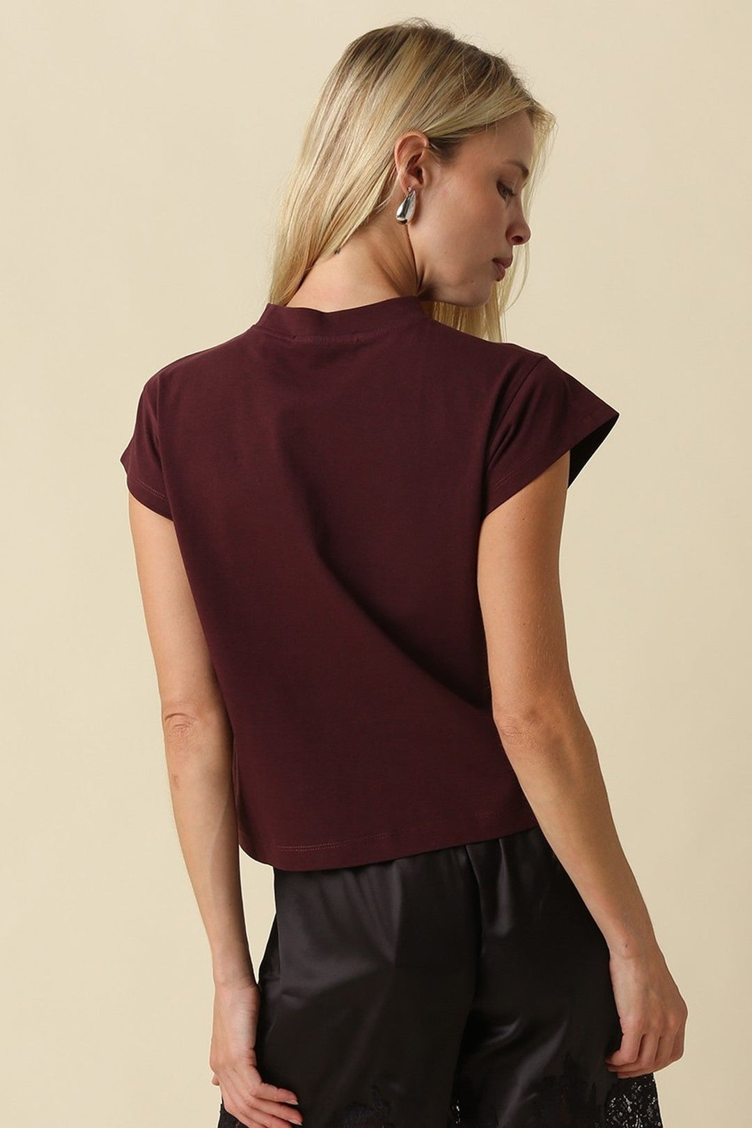 Dark Wine Valerie Mock Neck Cap Sleeve Crop Tee - STYLED BY ALX COUTURETops