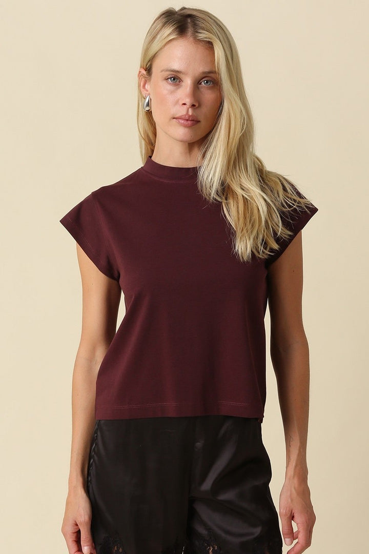 Dark Wine Valerie Mock Neck Cap Sleeve Crop Tee - STYLED BY ALX COUTURETops