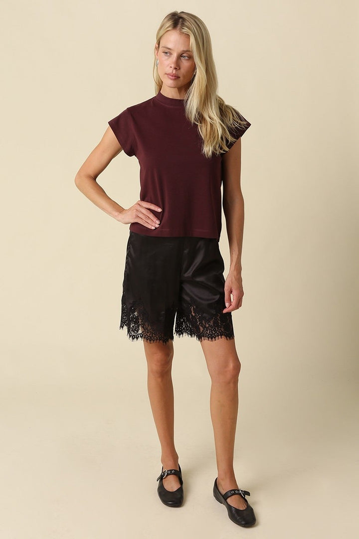Dark Wine Valerie Mock Neck Cap Sleeve Crop Tee - STYLED BY ALX COUTURETops