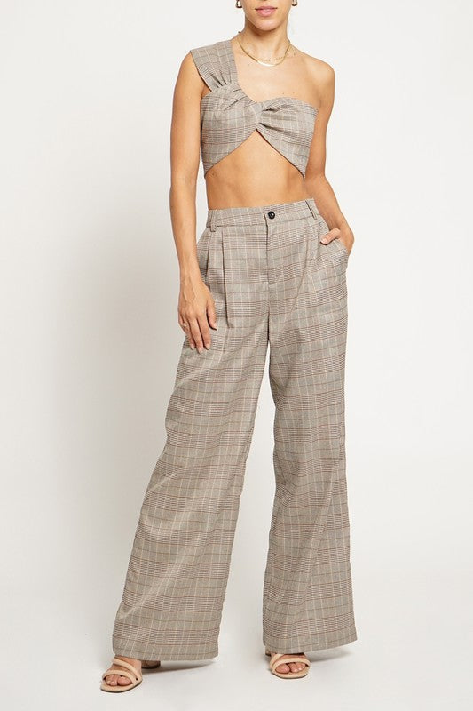 STYLED BY ALX COUTURE MIAMI BOUTIQUE Beige Burgundy Plaid Double Pleated Front Trouser
