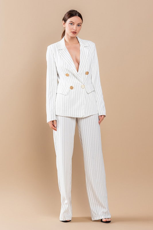 model wearing White Stripe Jacket Suit Set