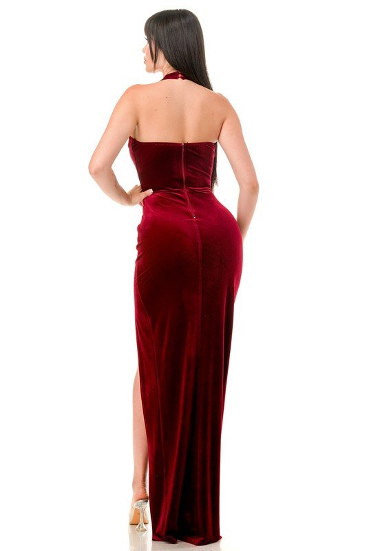 Halter neck maxi dress in shimmering burgundy velvet