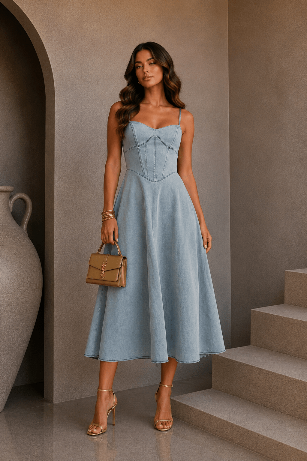 Denim Corset Flowy Midi Dress - STYLED BY ALX COUTUREDresses