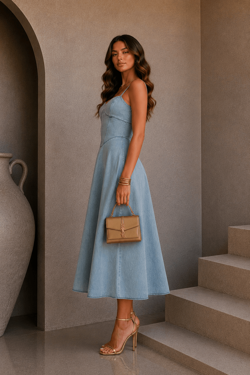 Denim Corset Flowy Midi Dress - STYLED BY ALX COUTUREDresses