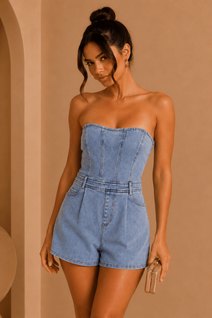 Denim Strapless Tube Top Denim Romper - STYLED BY ALX COUTURERompers