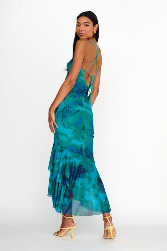 back of the Green Multicolor Mesh Tiered Maxi Dress