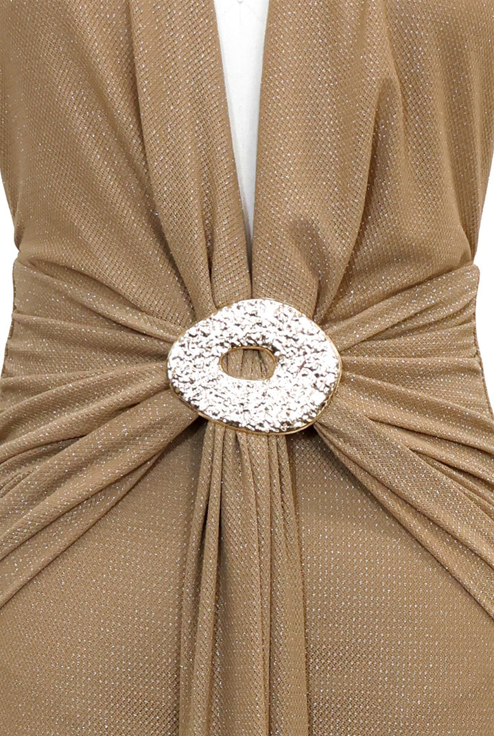 Close-up of the hammered gold buckle and metallic mocha fabric on Luxxel