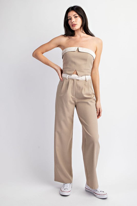 model is wearing Taupe Cream Contrast Satin Wide Pants with matching top with white sneakers 