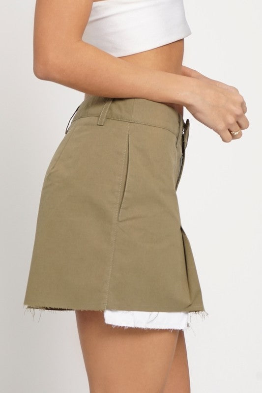 Olive Exposed Pocket Raw Edge Mini Skirt