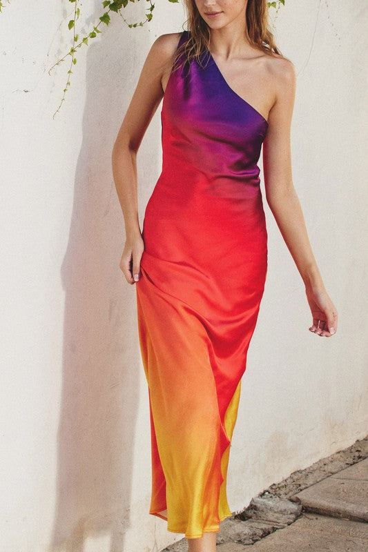 Model is wearing Sunset One Shoulder Maxi Dress , close view of the dress 