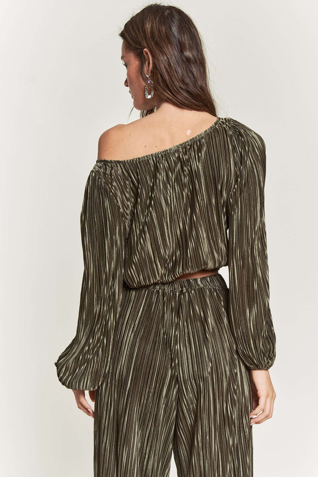 STYLED BY ALX COUTURE MIAMI BOUTIQUE Olive Pleated Fabric Long Slv Top with Pant Set 