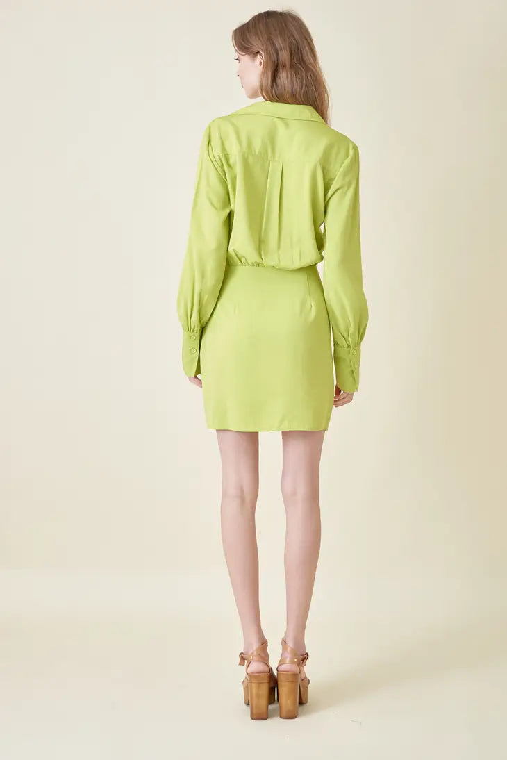 STYLED BY ALX COUTURE MIAMI BOUTIQUE Lime Long Sleeve V Neckline Side Wrap Mini Dress 